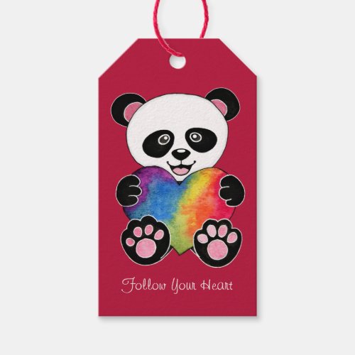 Watercolor Cute Panda With Rainbow Heart Gift Tags