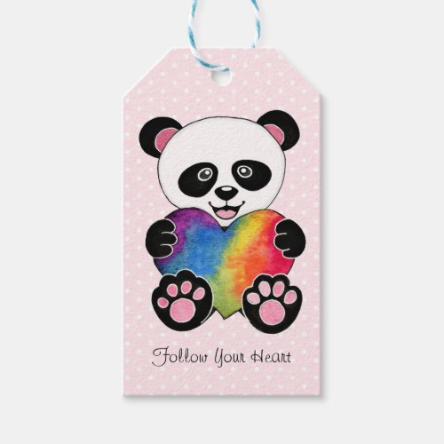 Watercolor Cute Panda With Rainbow Heart Gift Tags