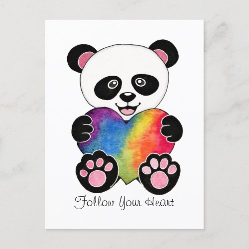 Watercolor Cute Panda With Rainbow Heart Holiday Postcard