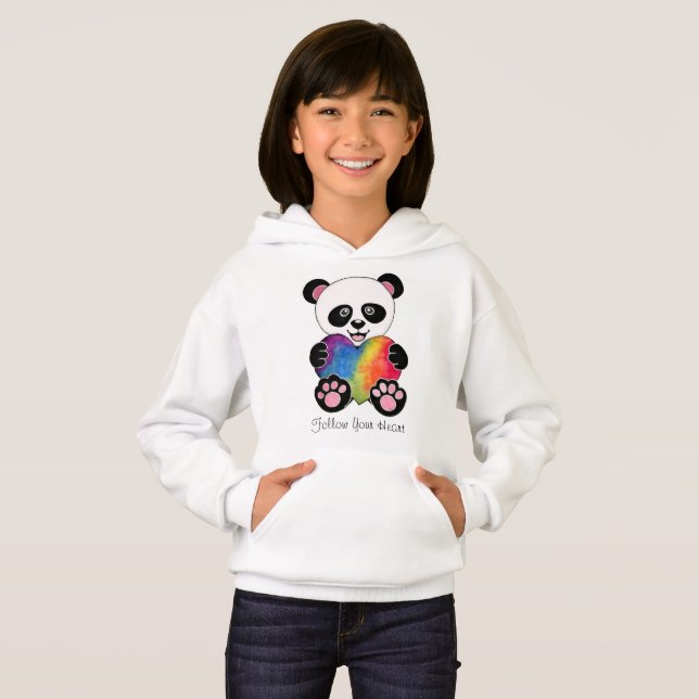 Watercolor Cute Panda With Rainbow Heart Hoodie (Front Full)