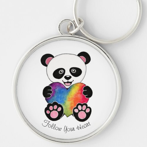 Watercolor Cute Panda With Rainbow Heart Keychain