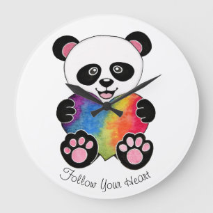 Watercolor Cute Panda With Rainbow Heart Large Clock