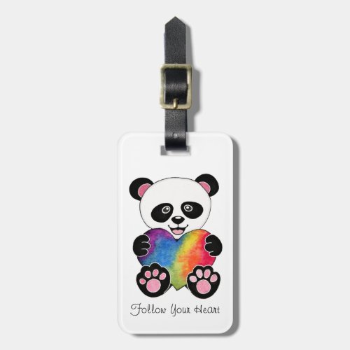 Watercolor Cute Panda With Rainbow Heart Luggage Tag