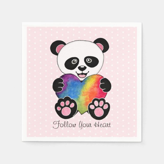 Watercolor Cute Panda With Rainbow Heart Napkins (Front)