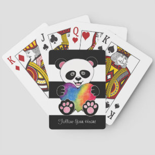 Watercolor Cute Panda With Rainbow Heart Poker Cards