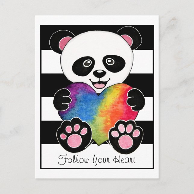 Watercolor Cute Panda With Rainbow Heart Postcard (Front)