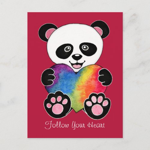 Watercolor Cute Panda With Rainbow Heart Postcard