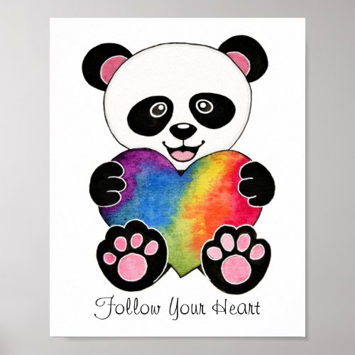 Watercolor Cute Panda With Rainbow Heart Poster