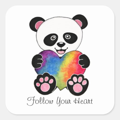 Watercolor Cute Panda With Rainbow Heart Square Sticker