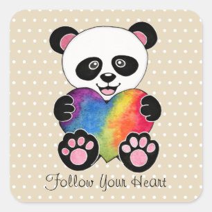Watercolor Cute Panda With Rainbow Heart Square Sticker