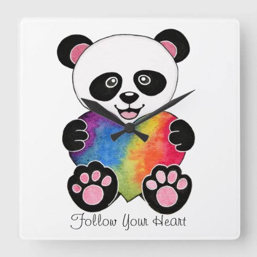 Watercolor Cute Panda With Rainbow Heart Square Wall Clock