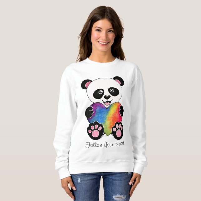 Watercolor Cute Panda With Rainbow Heart Sweatshirt (Front Full)