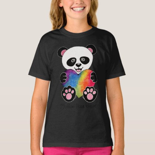 Watercolor Cute Panda With Rainbow Heart T_Shirt