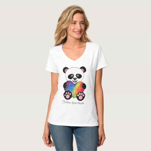 Watercolor Cute Panda With Rainbow Heart T_Shirt