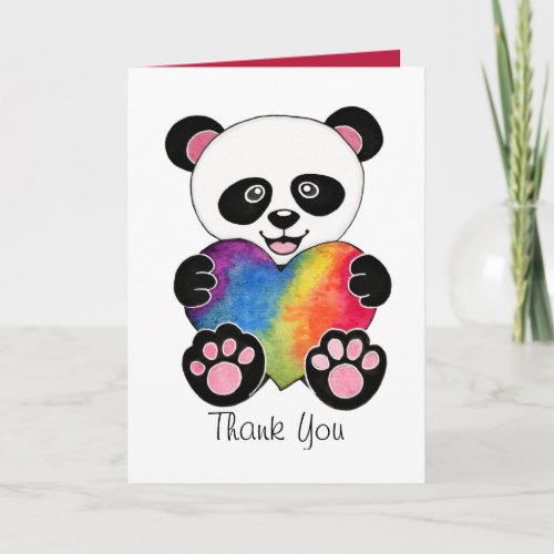 Watercolor Cute Panda With Rainbow Heart Thank You Card