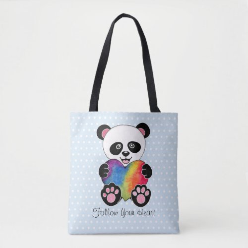 Watercolor Cute Panda With Rainbow Heart Tote Bag