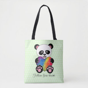 Watercolor Cute Panda With Rainbow Heart Tote Bag