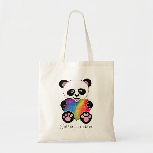 Watercolor Cute Panda With Rainbow Heart Tote Bag