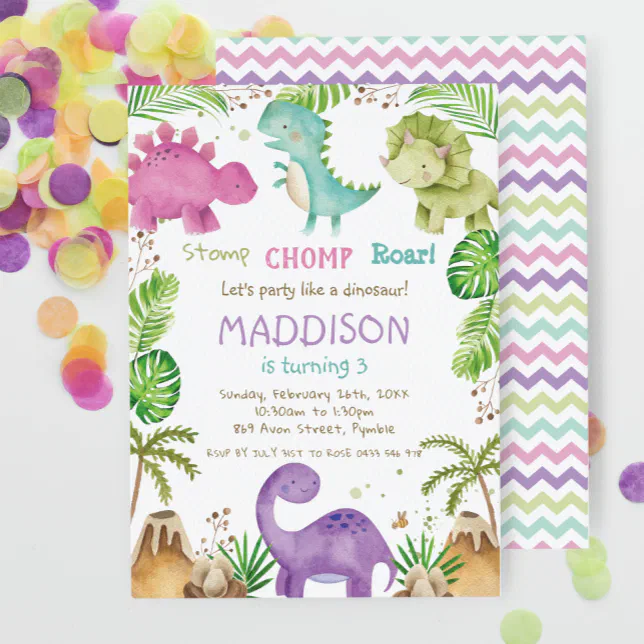 Watercolor Cute Pastel Dinosaurs Greenery Girl Invitation | Zazzle