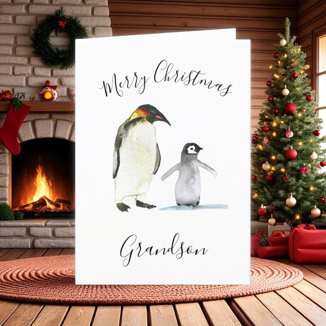 Watercolor Cute Penguin Merry Christmas Kids Holiday Card (Creator Uploaded)