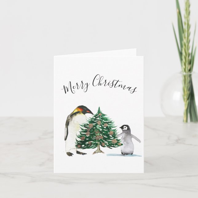 Watercolor Cute Penguin Merry Christmas Kids Holiday Card (Front)