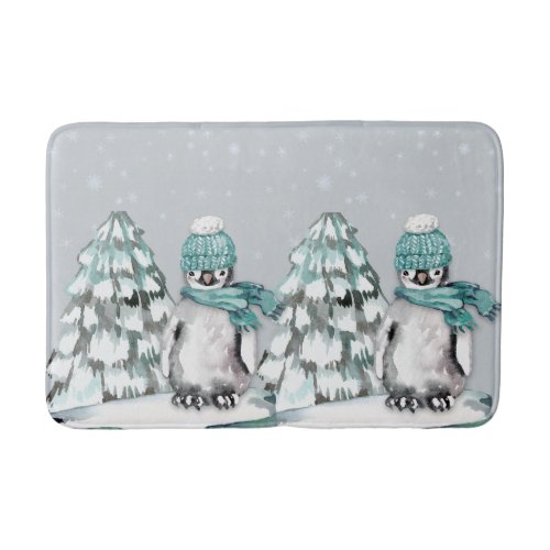 Watercolor Cute Penguin Pine Tree Christmas Bath Mat