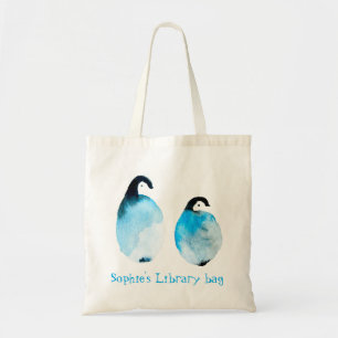 Watercolor cute penguins library name tote bag