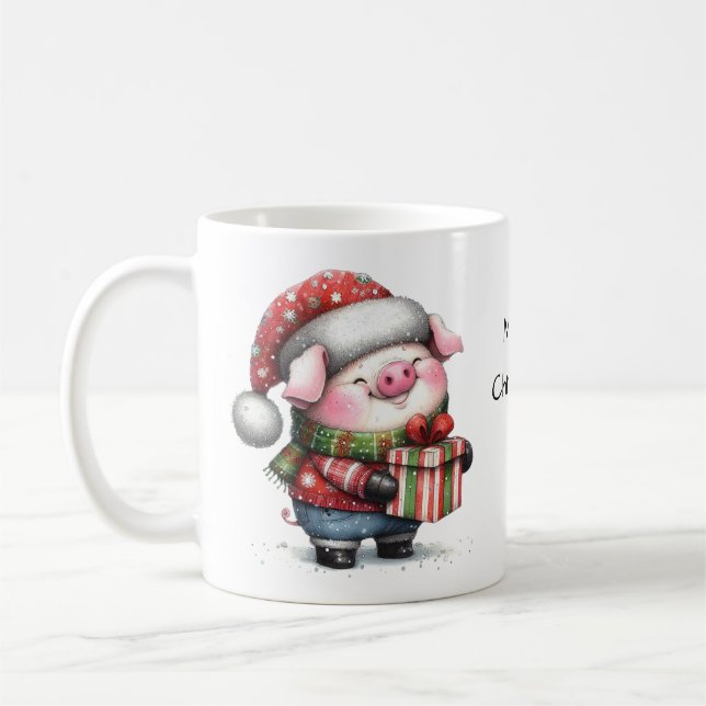 Watercolor Cute Pig Merry Christmas Coffee Mug (Left)