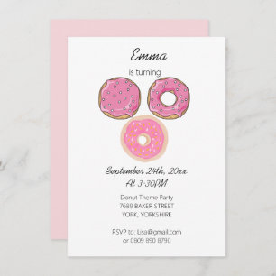 Watercolor Cute Pink 3 Donuts Birthday Theme Invitation