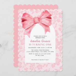Watercolor cute Pink bow floral girl 1st birthday Invitation
