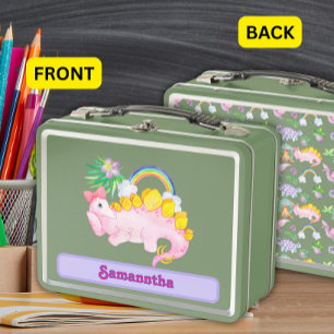 Watercolor Cute Pink Dinosaur with Bow Metal Lunch Box