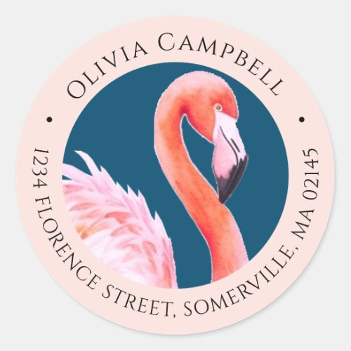 Watercolor Cute Pink Flamingo Blue Address Classic Round Sticker