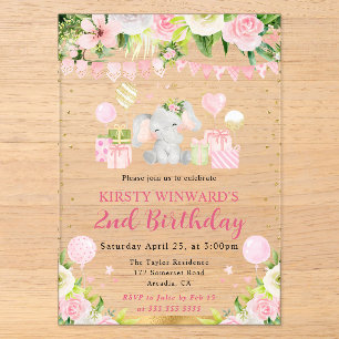 Watercolor Cute Pink Jungle Elephant Kids Birthday Acrylic Invitations