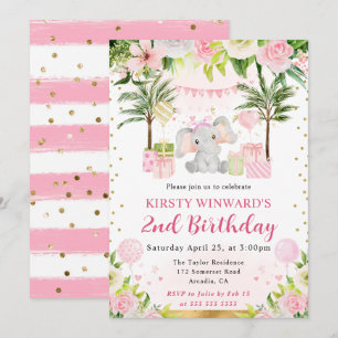Watercolor Cute Pink Jungle Elephant Kids Birthday Invitation