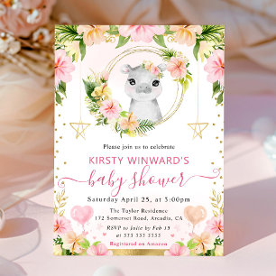 Watercolor Cute Pink Jungle Hippo Baby Shower Invitation