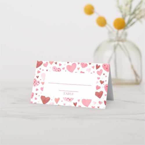 Watercolor Cute Pink Red Hearts Valentines Day Place Card