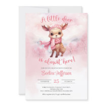 Watercolor cute pink reindeer winter girl invitation
