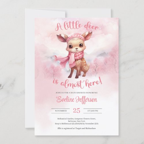 Watercolor cute pink reindeer winter girl invitation