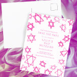 Watercolor Cute Pink Star of David Bar Bat Mitzvah Announcement Postcard<br><div class="desc">Perfect card to announce the upcoming date of a bat mitzvah, bar mitzvah or other Jewish celebration! Hand made watercolor art for you on the front and back side! FULLY CUSTOMIZABLE! Click on “Personalize” above to edit the text. Click "edit using design tool" to adjust the fonts, colors and placements...</div>
