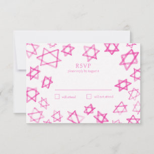 Watercolor Cute Pink Star of David Bar Bat Mitzvah RSVP Card