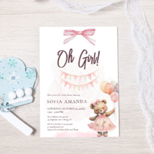Watercolor Cute Pink Teddy Bear Baby Shower Invitation