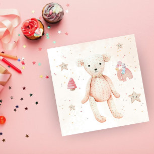 Watercolor Cute Pink Teddy Bear Baby Shower Napkins