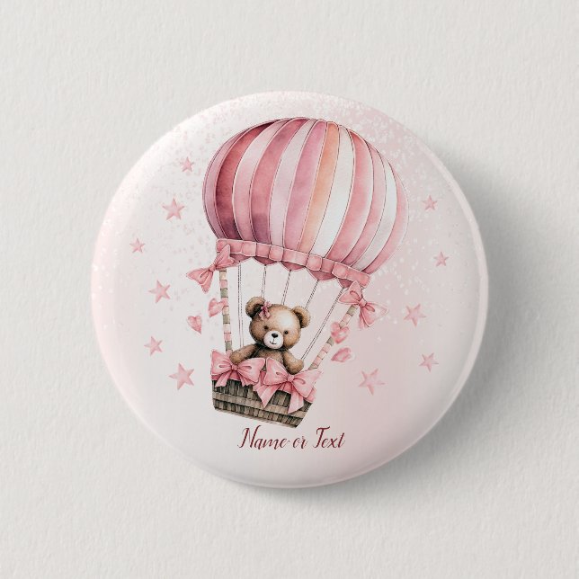 Watercolor Cute Pink Teddy Bear Hot Air Balloon Button (Front)