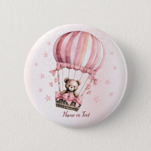 Watercolor Cute Pink Teddy Bear Hot Air Balloon Button