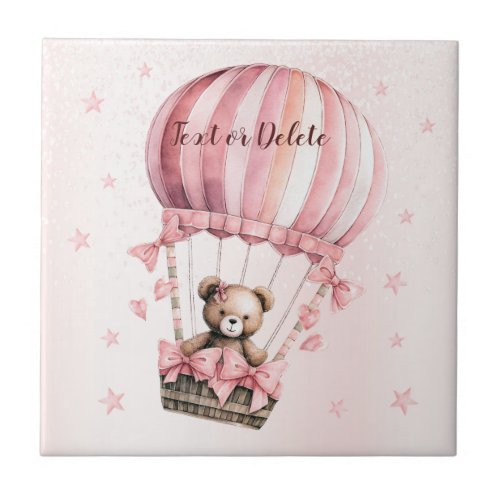 Watercolor Cute Pink Teddy Bear Hot Air Balloon Ceramic Tile