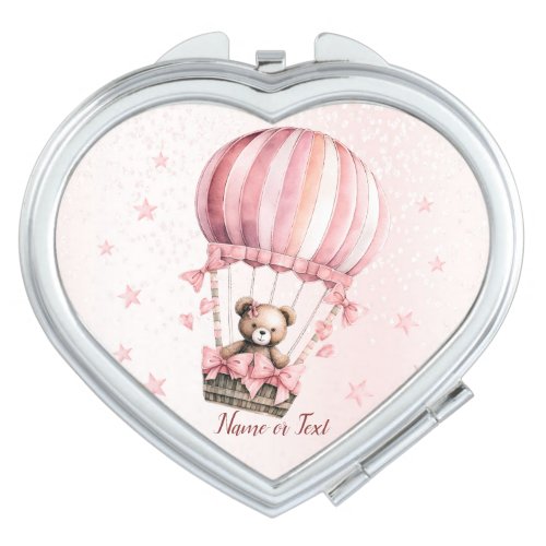Watercolor Cute Pink Teddy Bear Hot Air Balloon Compact Mirror
