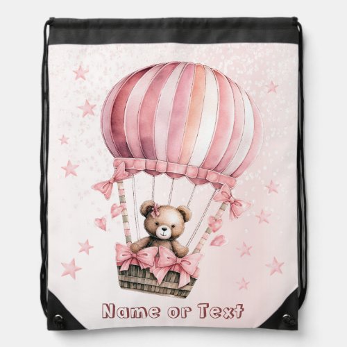 Watercolor Cute Pink Teddy Bear Hot Air Balloon Drawstring Bag