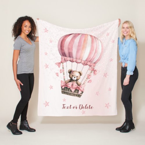 Watercolor Cute Pink Teddy Bear Hot Air Balloon Fleece Blanket