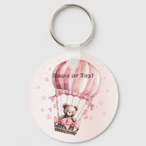 Watercolor Cute Pink Teddy Bear Hot Air Balloon Keychain