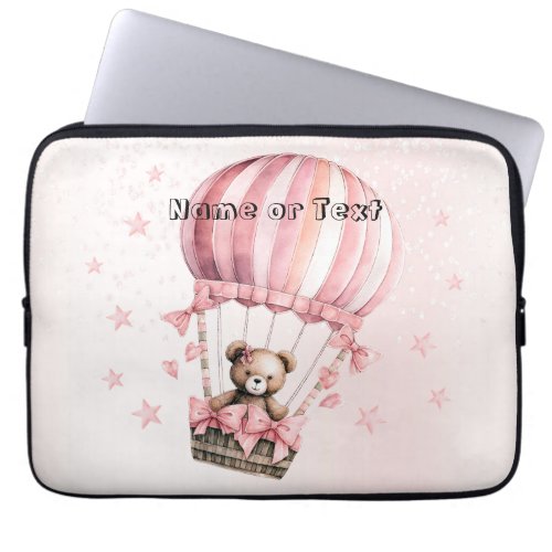 Watercolor Cute Pink Teddy Bear Hot Air Balloon Laptop Sleeve